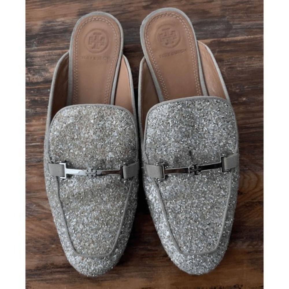 Tory Burch‎ Glitter Mules Slides Loafers Sparkle Silver Shoes Size?